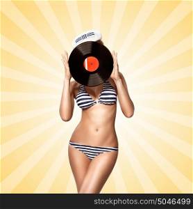 Beautiful pinup bikini model, hiding behind an LP microgroove vinyl record on colorful abstract cartoon style background.