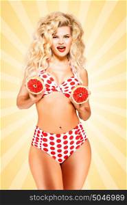 Beautiful pinup bikini model, holding a grapefruit on colorful abstract cartoon style background.