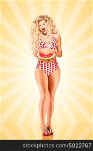 Beautiful pinup bikini model, holding a watermelon on colorful abstract cartoon style background.