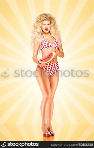 Beautiful pinup bikini model, holding a watermelon on colorful abstract cartoon style background.