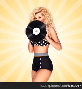 Beautiful pinup bikini model, holding an LP vinyl record on colorful abstract cartoon style background.