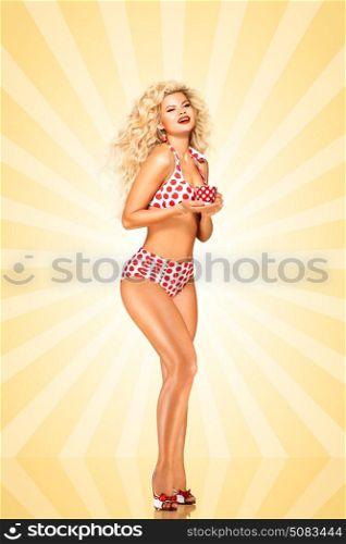 Beautiful pinup bikini model, holding ta cup of coffee on colorful abstract cartoon style background.