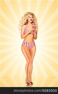 Beautiful pinup bikini model, holding ta cup of coffee on colorful abstract cartoon style background.