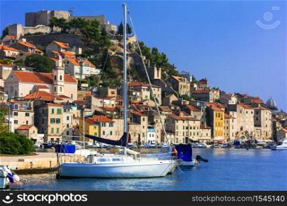 Beautiful places of Croatia - magnifiicent medieval town Sibenik in Adriatic coast. Landmarks and travel in Croatia. Sibenik town