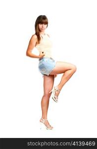 beautiful platinum blond female wearing jean shorts and top on isolated background