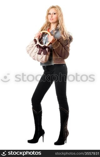 Beautiful playful young blonde with a handbag. Isolated on white
