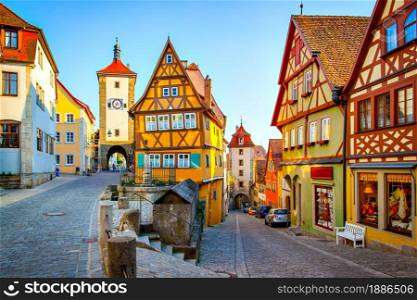 Beautiful Plonlein square in Rothenburg ob der Tauber, Germany. German cityscape, landmark
