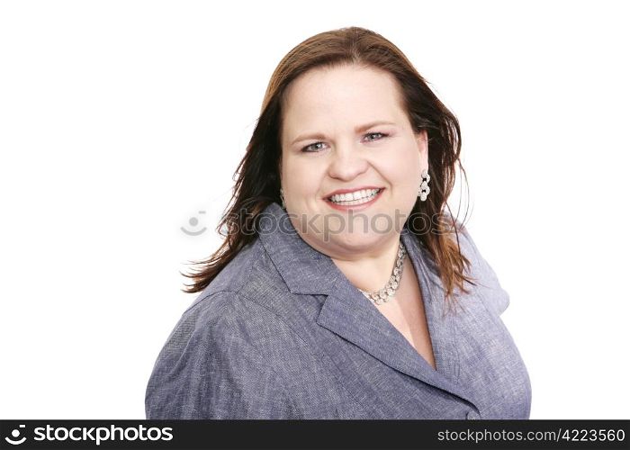 Beautiful plus sized businesswoman smiling confidently. Isolated on white.