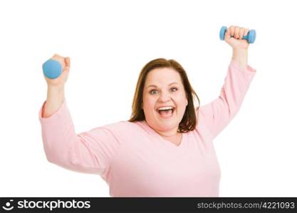 Beautiful plus-sized model celebrating her success working out with weights. Isolated on white.