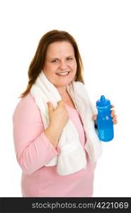 Beautiful plus sized model drinking water and toweling off after her workout. Isolated on white.