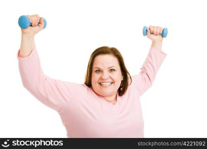 Beautiful plus-sized model excited over meeting her fitness goals. Isolated on white.