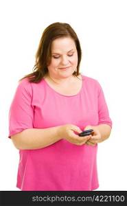 Beautiful plus-sized model texting on her new cell phone. Isolated on white.