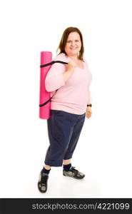 Beautiful plus-sized model with her yoga mat, ready for a workout.