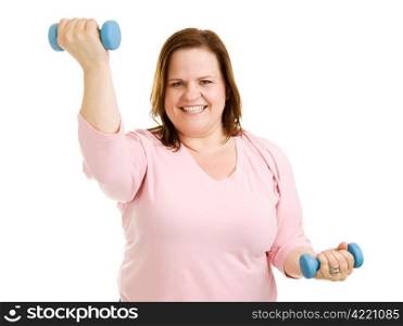 Beautiful plus-sized model working out with free weights against a white background.