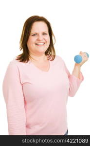 Beautiful plus sized model working out with free weights. Isolated on white.