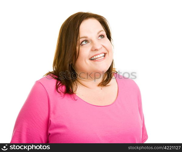 Beautiful plus-sized woman daydreaming. Isolated on white. Perfect for your thought or speech bubble.