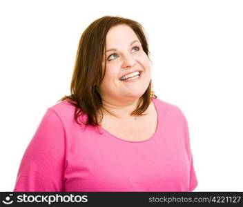 Beautiful plus-sized woman daydreaming. Isolated on white. Perfect for your thought or speech bubble.