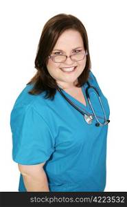 Beautiful plus sized woman in nursing scrubs. Isolated on white.