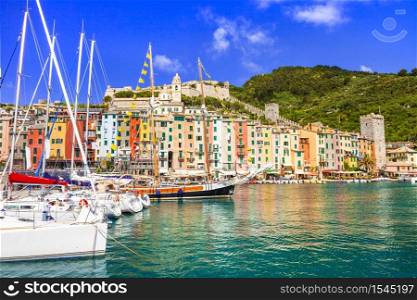 "beautiful Portovenere fishing village in Liguria and popular tourist attraction. Famous "Cinque terre" in Italy . Colorful Portovenere village. Cinque terre, Italy"