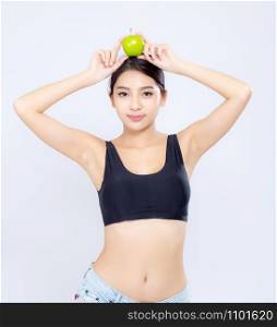 Beautiful portrait asian woman smiling holding green apple fruit and body diet with fit isolated on white background, girl weight slim with cellulite or calories, health and wellness concept.