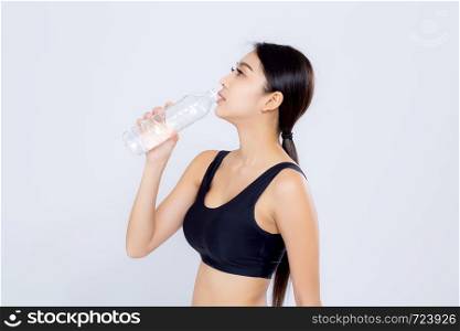 Beautiful portrait asian young woman bottle of water for healthy isolated on white background, girl with fit thirsty after exercise and fitness, health concept.