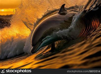 Beautiful portrait of a dolphin jumping from water at the sunset time. Yellow and black tones. Generative AI