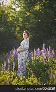 Beautiful portrait of a girl standing in the field of blooming Lupin.. A pregnant girl walks through the blooming lupine field 1686.