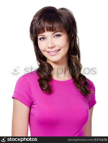 Beautiful portrait of cheerful smiling young brunette woman in rose T-shirt - isolated