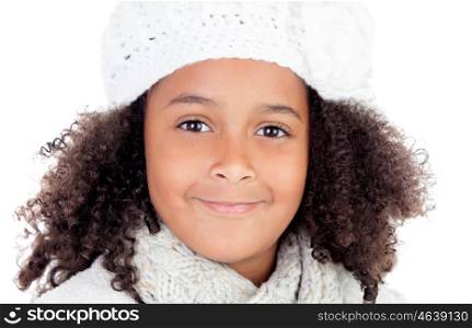 Beautiful portrait of pretty african girl with wool hat isolated on a white background