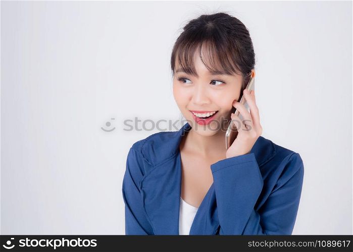 Beautiful portrait young asian business woman confident talking on smart mobile phone isolated on white background, secretary businesswoman work with phone call with happy, communication concept.