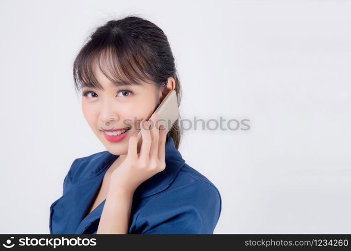 Beautiful portrait young asian business woman confident talking on smart mobile phone isolated on white background, secretary businesswoman work with phone call with happy, communication concept.