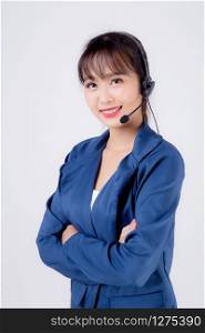 Beautiful portrait young asian business woman customer service job call center in headset isolated on white background, girl speaking assistant in hotline support phone operator, communication concept.