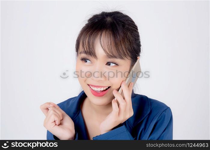 Beautiful portrait young asian business woman talking on smart mobile phone isolated on white background, secretary businesswoman work with phone call with success and excited, communication concept.