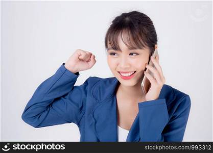 Beautiful portrait young asian business woman talking on smart mobile phone isolated on white background, secretary businesswoman work with phone call with success and excited, communication concept.