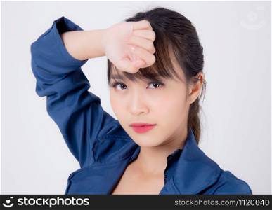beautiful portrait young asian business woman worry and unhappy isolated on white background, asia businesswoman stress and frustrated having problem with work, beauty girl sick and headache.
