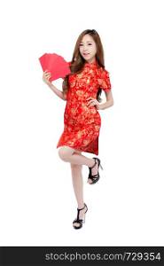 Beautiful portrait young asian woman cheongsam dress smiling holding red envelope on white background, girl celebrate with exciting, happy Chinese New Year, holiday concept.