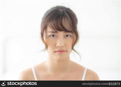 Beautiful portrait young asian woman having worry unhappy and upset about problem skin, beauty asia girl felling expression and emotion sad and bad, female having trouble and displeased.