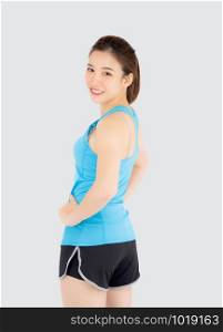 Beautiful portrait young asian woman in sport clothes with satisfied and confident isolated on white background, asia girl cheerful have shape and wellness, exercise for fit with health concept.
