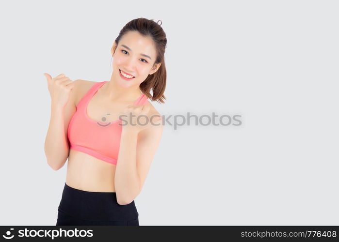 Beautiful portrait young asian woman in sport clothes with satisfied and confident isolated on white background, asia girl cheerful have shape and wellness, exercise for fit with health concept.