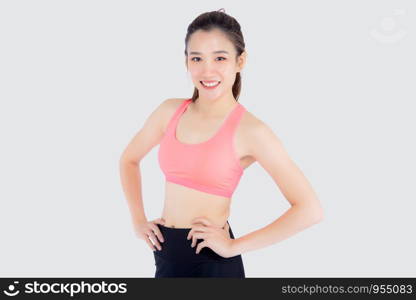 Beautiful portrait young asian woman in sport clothes with satisfied and confident isolated on white background, asia girl cheerful have shape and wellness, exercise for fit with health concept.