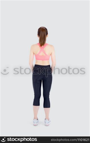 Beautiful portrait young asian woman in sport clothing with satisfied and confident isolated on white background, back of girl asia have shape and wellness, exercise for fit with health concept.