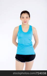 Beautiful portrait young asian woman in sport clothing with satisfied and confident isolated on white background, girl asia have shape and wellness, exercise for fit with health concept.