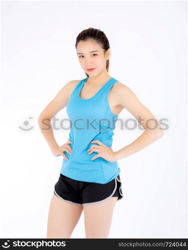 Beautiful portrait young asian woman in sport clothing with satisfied and confident isolated on white background, girl asia have shape and wellness, exercise for fit with health concept.