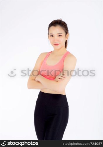 Beautiful portrait young asian woman in sport clothing with satisfied and confident isolated on white background, girl asia have shape and wellness, exercise for fit with health concept.
