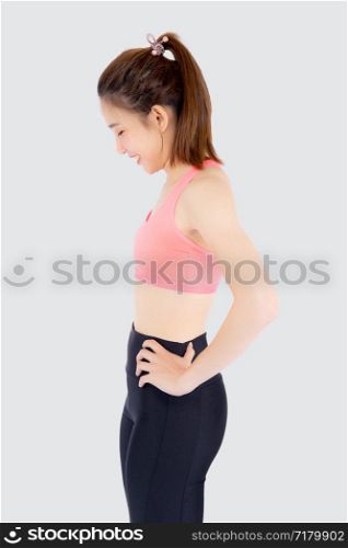 Beautiful portrait young asian woman in sport with satisfied and confident isolated on white background, asia girl cheerful have shape and wellness, exercise for fit with health concept, side view.