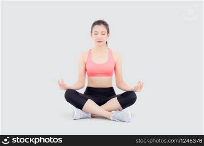 Beautiful portrait young asian woman sitting yoga, asia girl health care with workout fitness relaxing with active exercise isolated on white background, healthy and wellbeing concept.