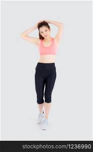 Beautiful portrait young asian woman standing workout stretch muscle arm with healthy isolated on white background, asia girl wear sport clothes exercise and yoga for health, wellness concept.