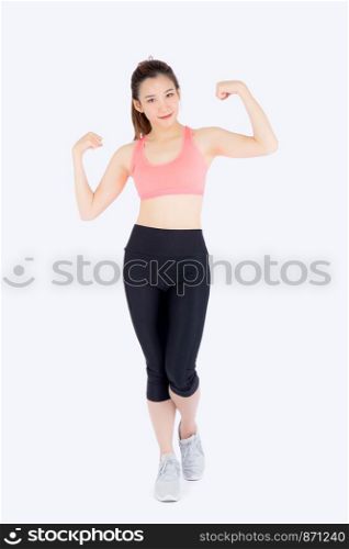 Beautiful portrait young asian woman wear sport clothes strong and muscle with health, girl show biceps with exercise and workout for wellness isolated on white background, strength and fit concept.