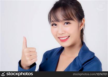 beautiful portrait young business asian woman standing gesture thumbs up sign with confident isolated on white background, asia businesswoman career secretary work success with smiling and happy.