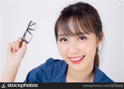 beautiful portrait young business asian woman standing wearing glasses with confident isolated on white background, asia businesswoman career secretary or accountant work success with smiling happy.